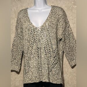 J. Jill Tan & Black Open Knit V-Neck Sweater Women’s Size Petite Medium